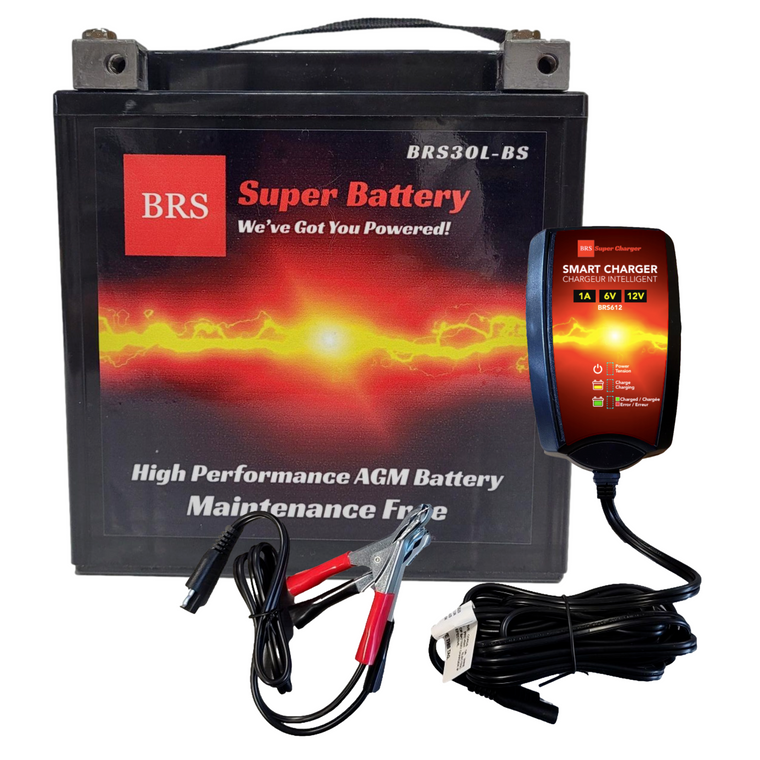 High Performance BRS30L-BS 2 Year Warranty & Smart Charger / Maintainer Combo Bundle Kit  12v Sealed AGM PowerSports Battery
