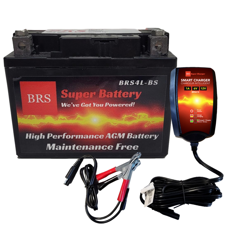 High Performance BRS4L-BS BS 10 Year Battery & Smart Charger / Maintainer Combo Bundle Kit 12v Sealed AGM PowerSports Battery