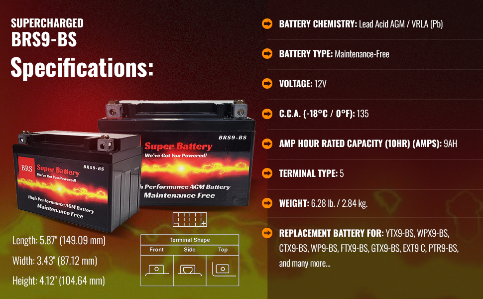 High Performance BRS9-BS 10 Year Warranty & Smart Charger / Maintainer Combo Bundle Kit 12v Sealed AGM PowerSports Battery