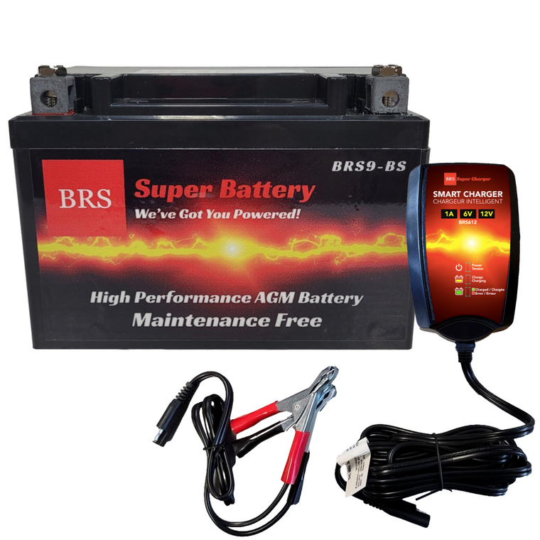 High Performance BRS9-BS 10 Year Warranty & Smart Charger / Maintainer Combo Bundle Kit 12v Sealed AGM PowerSports Battery