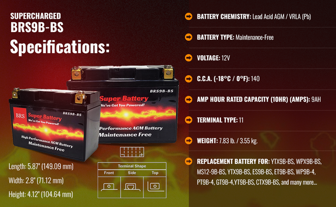 BRS9B-BS 12v 9AH 140CCA 30 Day Warranty