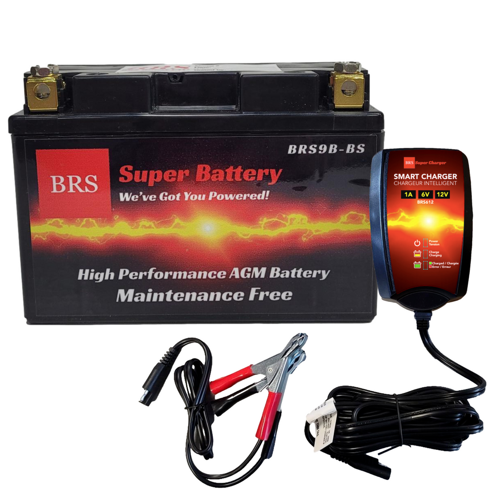 High Performance BRS9B-BS 10 Year Battery & Smart Charger / Maintainer Combo Bundle Kit 12v Sealed AGM PowerSports Battery