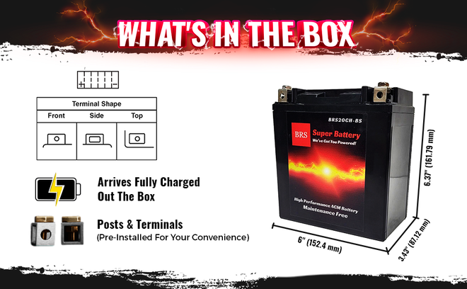 High Performance BRS20CH-BS 12v Sealed AGM PowerSport 2 Year Warranty