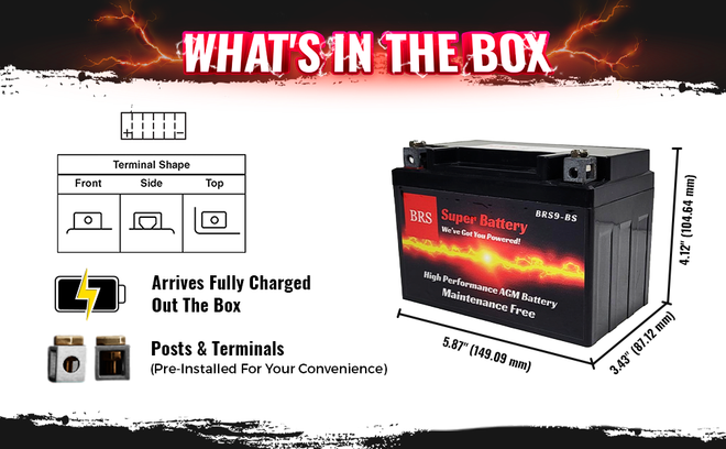 High Performance BRS9-BS 2 Year Warranty & Smart Charger / Maintainer Combo Bundle Kit 12v Sealed AGM PowerSports Battery
