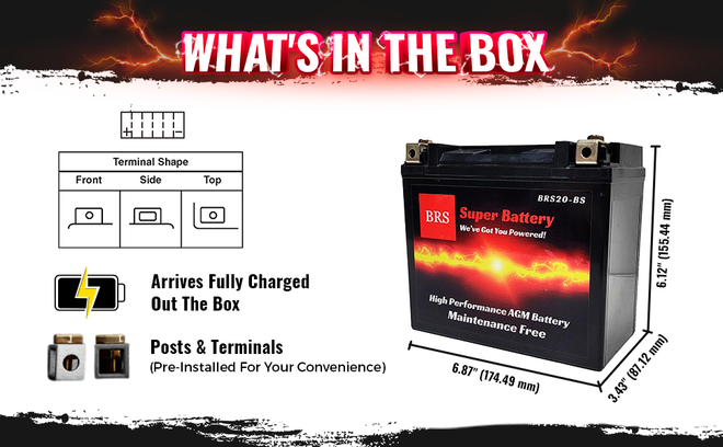 High Performance BRS20-BS 2 Year Warranty & Smart Charger / Maintainer Combo Bundle Kit  12v Sealed AGM PowerSports Battery