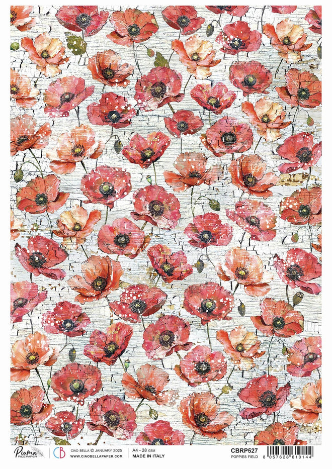 Rice Paper A4 Poppies Field - 5 Sheets