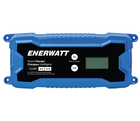 ENERWATT EWC612-15 6V/12V 15A Smart Charger - Compatible with Wet, AGM, and LiFePO4 Batteries