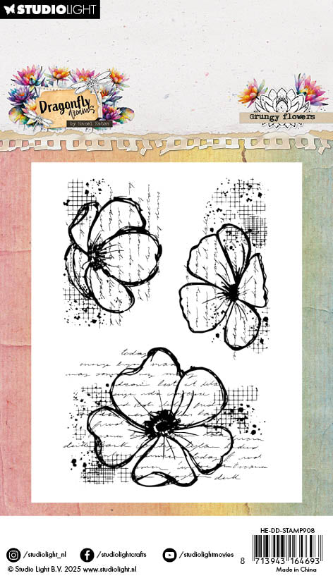 HE Clear Stamp Grungy Flowers Dragonfly Dreams 62x93x3mm 3 Pieces