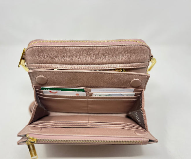 Petit Sac bandoulière avec porte-carte détachable rose platine | Kennedi