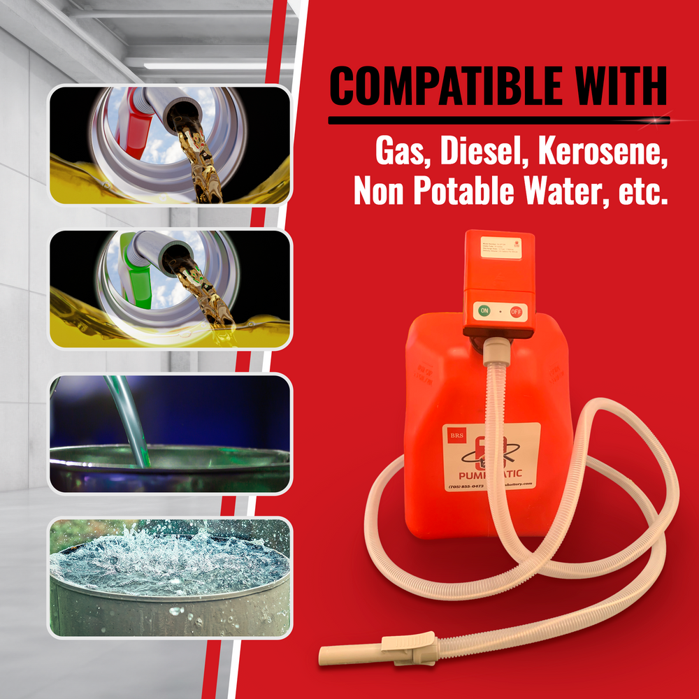 PUMPMATIC 12 FT HOSE + 5 GALLON YELLOW DIESEL CAN COMBO KIT - 3.8 GPM - GAS, DIESEL, KEROSENE