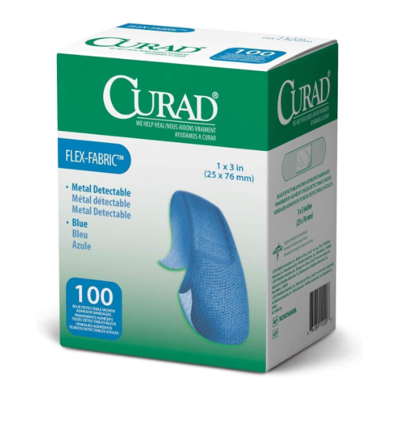 CURAD Flex-Fabric Metal Detectable Blue Adhesive Bandages – 1” x 3” (Box of 100)