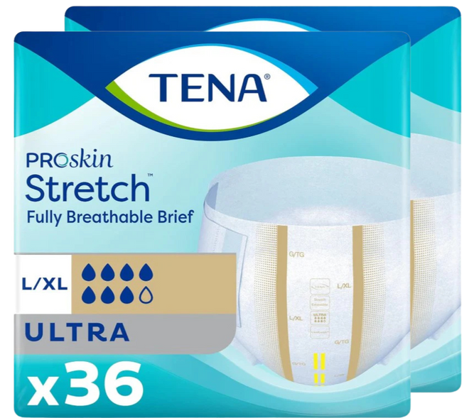 TENA Stretch Ultra Briefs | Large/XL | 2 Bags of 36 | 67803