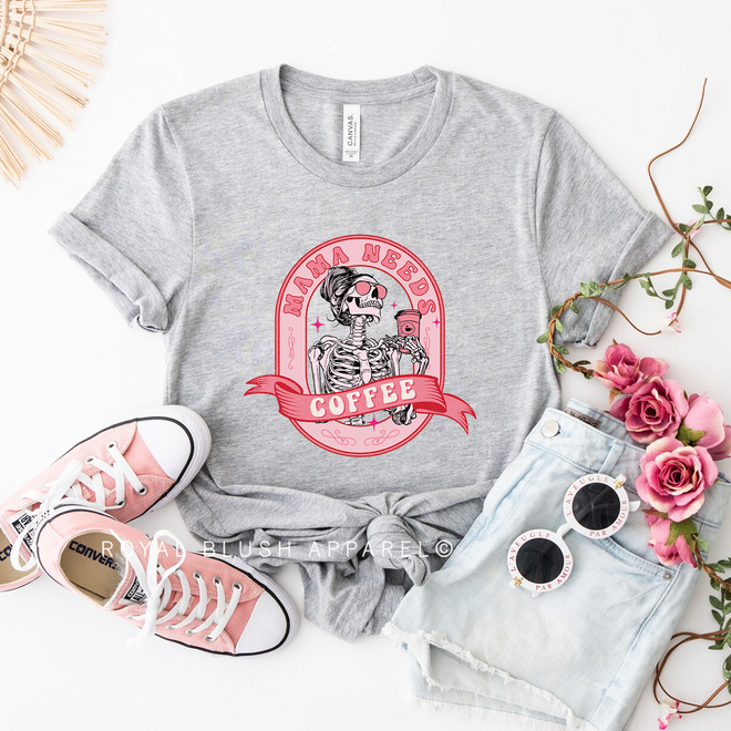 Pink Skeleton Mama Needs Coffee Graphic T-Shirt