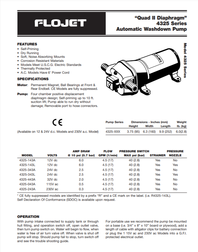FLOJET 12V 4.5GPM 40PSI Self Priming Diaphragm Pump 4325-143A