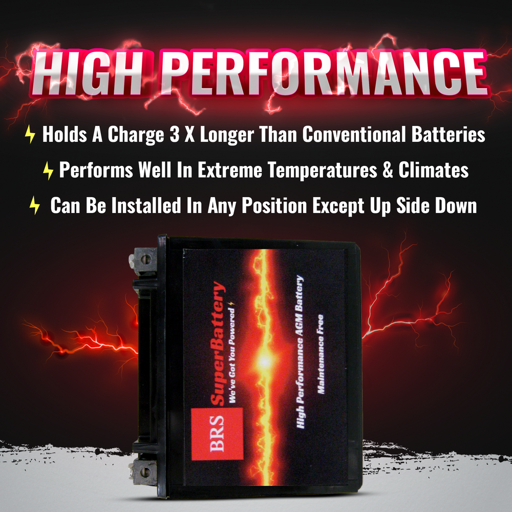 High Performance BRS14-BS 12v Sealed AGM PowerSport 10 Year Battery For ATV's, Snowmobiles, Motorcycles, UTV's, Jet Skis, Dirt Bikes, etc. OEM Replacement: YTX14-BS, CTX14-BS, SC14BS