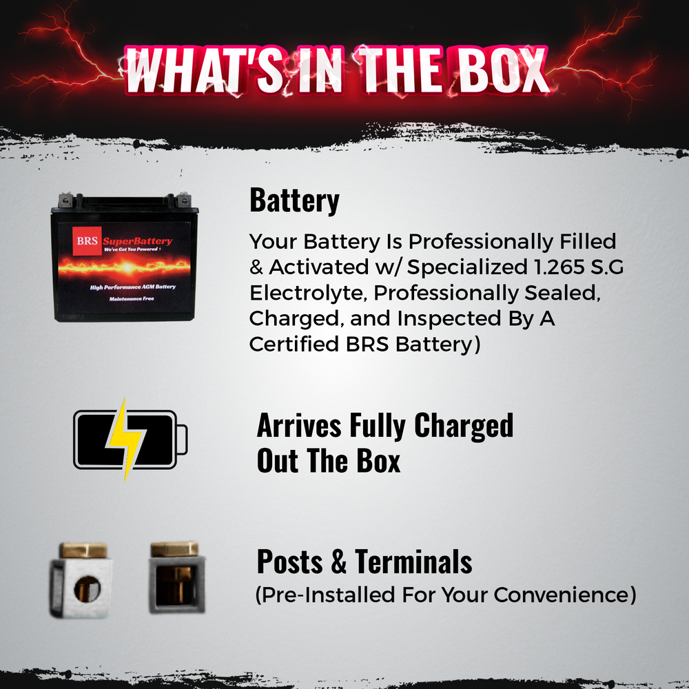 High Performance BRS24HL-BS 12v Sealed AGM PowerSport 10 Year Battery For ATV's, Snowmobiles, Motorcycles, UTV's, Jet Skis, Dirt Bikes, etc. OEM Replacement: YTX24HL-BS, CTX24HL-BS, M320H, 24HL-BS, CTX18L-BS, LTX24HL-BS, and many more
