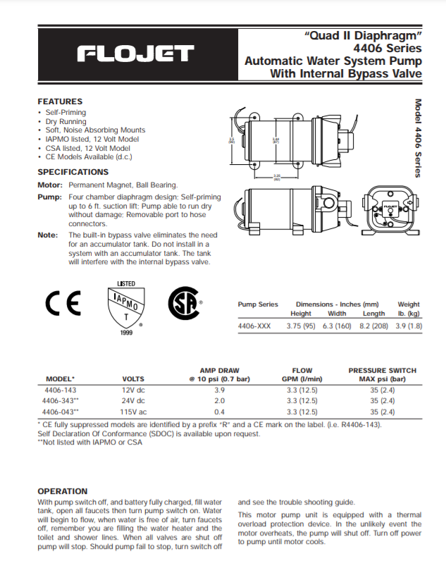 FLOJET 12V 3.2GPM 35PSI Multi-Fixture Water 4406-143A Pump