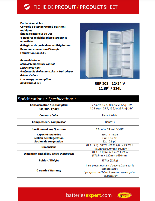 12V / 24V Refrigerator / Freezer 11.8 CU FT - REF-308