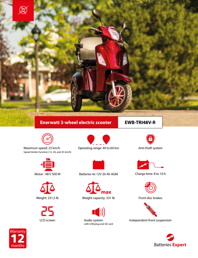 3 WHEEL Electric SCOOTER RW-DRIVE 48V 500/800W RED