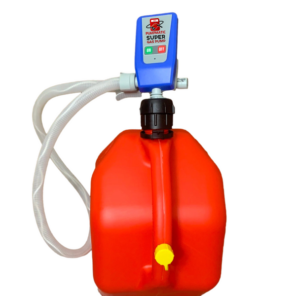 A red gas can with a blue fuel pump attached on top and a white hose extending from it.