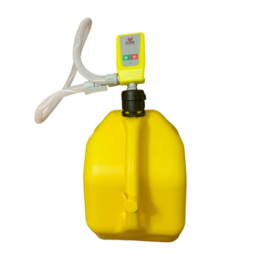 A yellow diesel fuel pump with a discharge hose attached, designed for transferring fuel from a can to a tank.