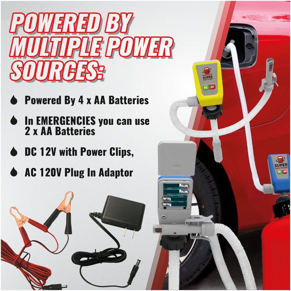 PumpMatic Super Gas Pump Fuel Transfer Pump for Gas, Diesel, Kerosene + 3 Power Sources w/ 4.25 Ft Hose