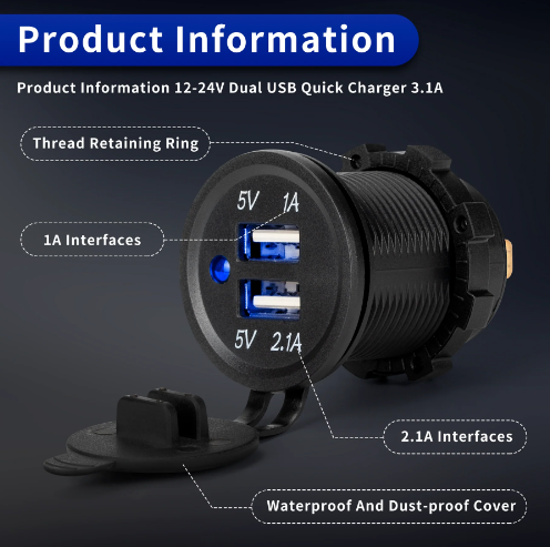 Type C+QC3.0 USB Socket with DC  Voletmeter and Switch Control ,Dust Cover, BLUE LED