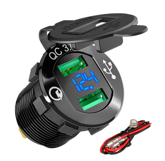 Quick Charge 3.0 Dual USB Socket Charger Power Outlet,Black Aluminum Housing with LED Voltmeter & Wire & Fuse