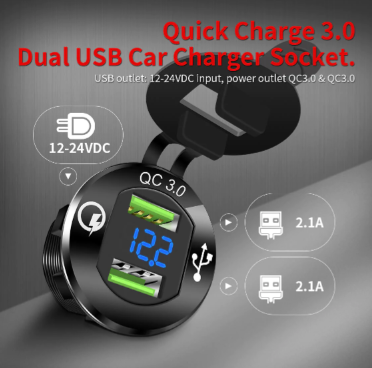 Quick Charge 3.0 Dual USB Socket Charger Power Outlet,Black Aluminum Housing with LED Voltmeter & Wire & Fuse