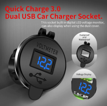 Quick Charge 3.0 Dual USB Socket Charger Power Outlet,Black Aluminum Housing with LED Voltmeter & Wire & Fuse