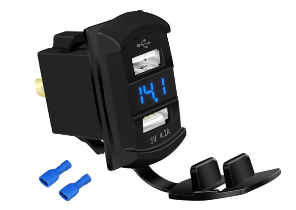 5V 4.2A USB Socket with Voltmeter, 2 Port, Blue LED