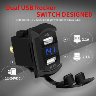 5V 4.2A USB Socket with Voltmeter, 2 Port, Blue LED