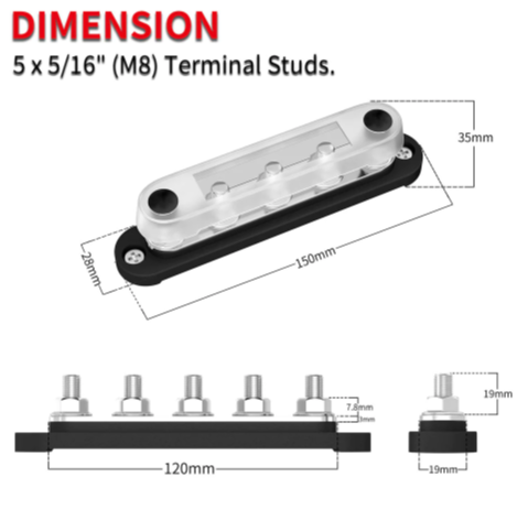 Bus Bar -5 X  5/16”Post(M8), black color with Cover.