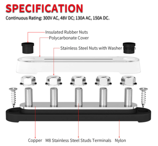 Bus Bar -5 X  5/16”Post(M8), black color with Cover.